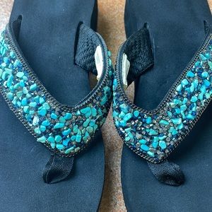 Sparkly turquoise stone flip flops